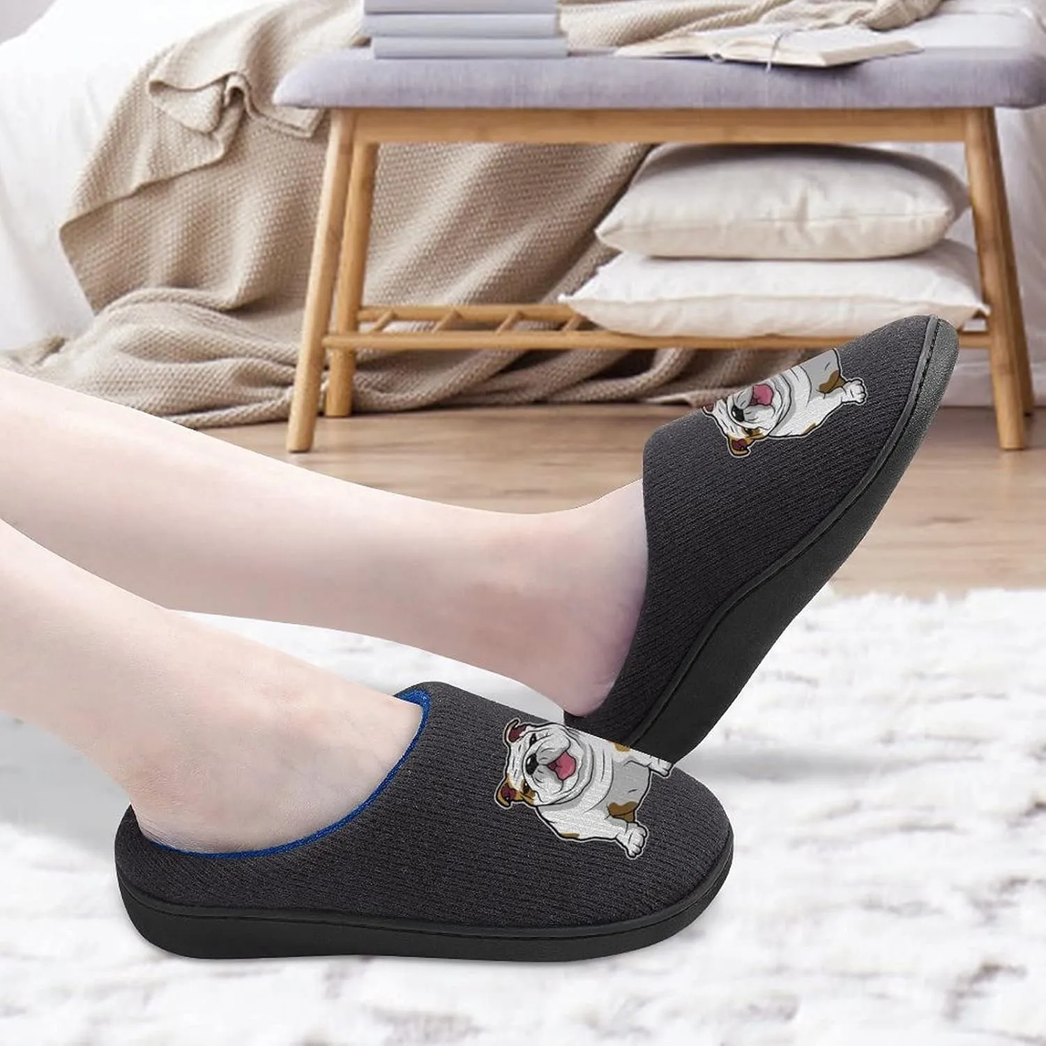 English Bulldog Cute Women's Knitted Cotton Slippers Soft Comfort Warm House Casual Shoes
