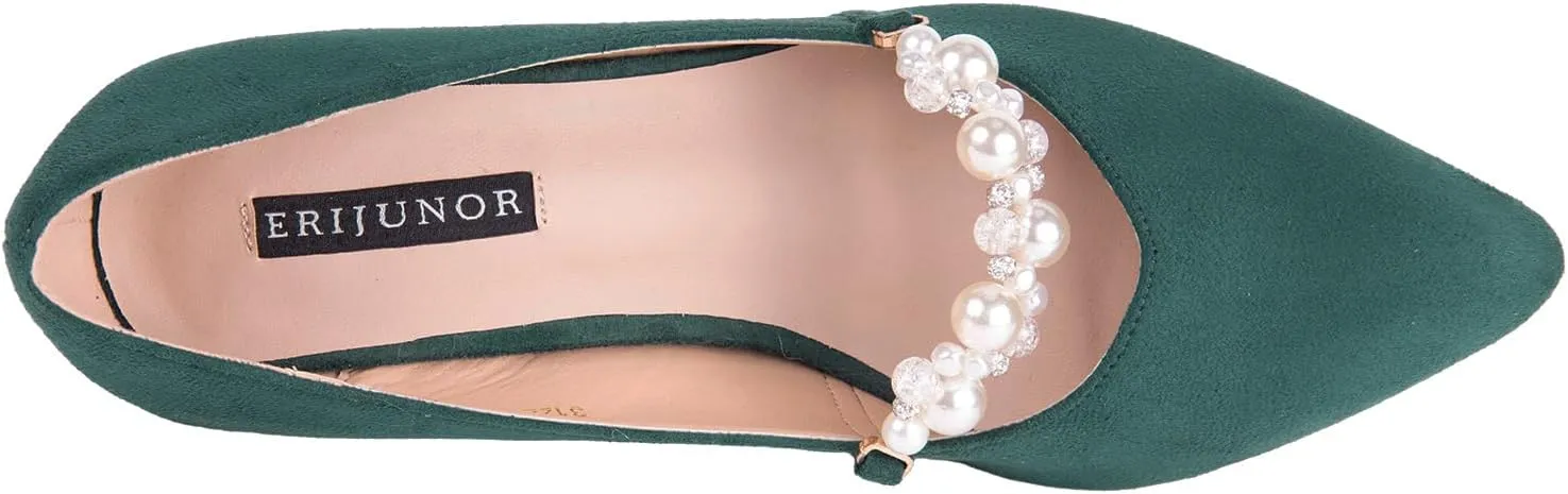 ERIJUNOR E3122 Women Faux Suede Pearl Pumps Comfortable Kitten Heel Evening Prom Wedding Shoes