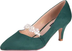 ERIJUNOR E3122 Women Faux Suede Pearl Pumps Comfortable Kitten Heel Evening Prom Wedding Shoes