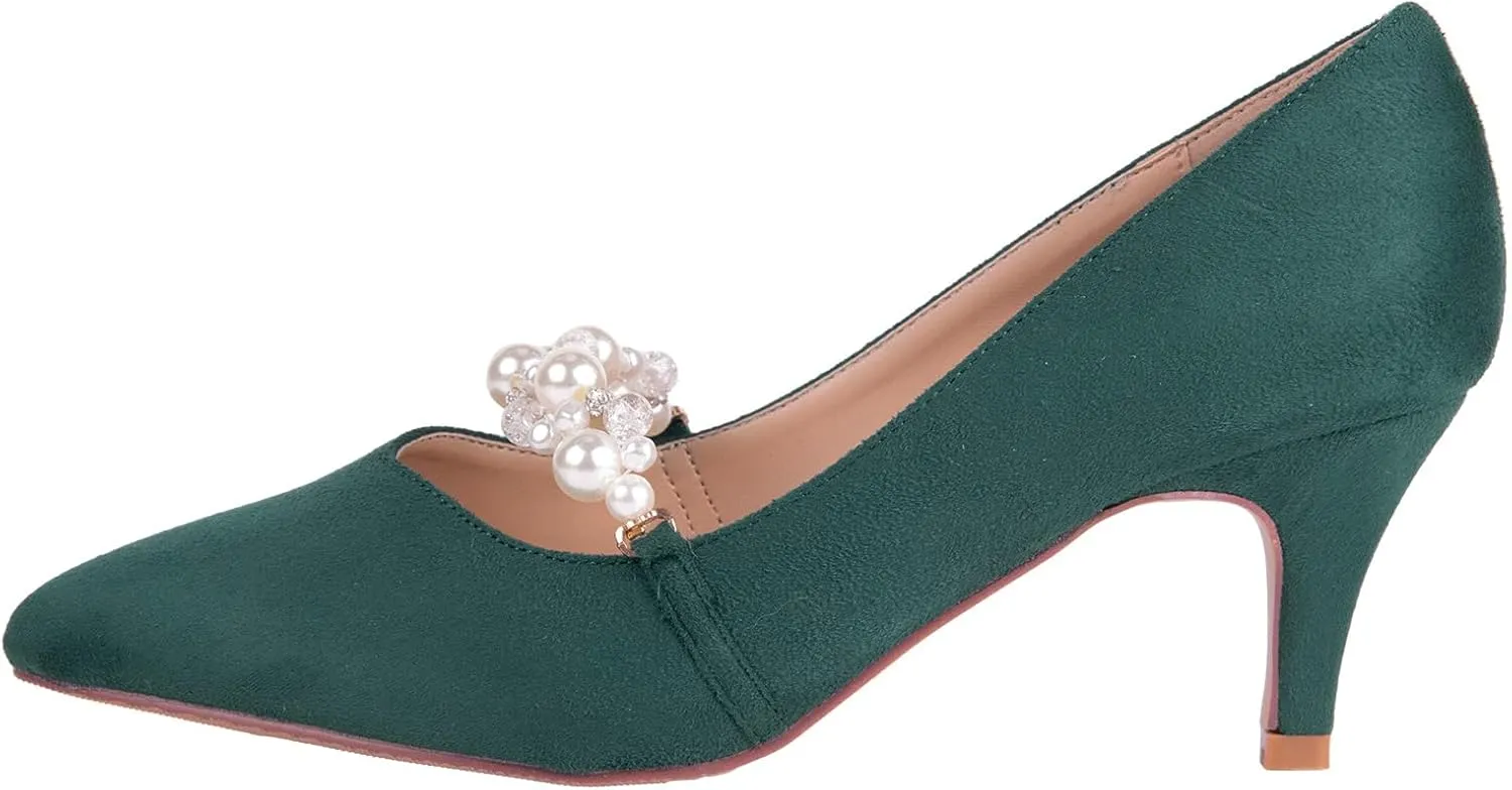 ERIJUNOR E3122 Women Faux Suede Pearl Pumps Comfortable Kitten Heel Evening Prom Wedding Shoes