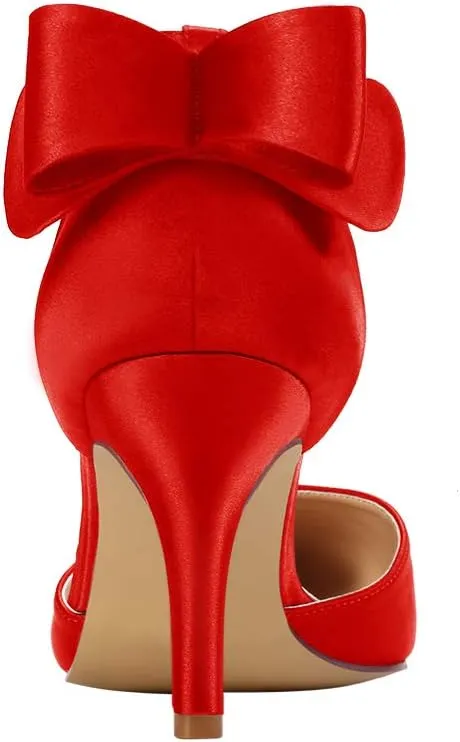 ERIJUNOR Wedding Evening Party Shoes Comfortable Mid Heels Pumps with Bow Knot Ankle Strap Wide Width Satin Shoes