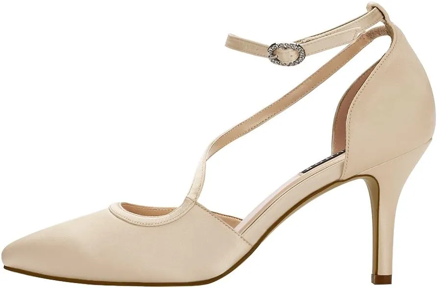 ERIJUNOR Women Comfortable Mid Heel Ankle Strappy Dress Pumps Pointed Toe Satin Wedding Evening Party Shoes