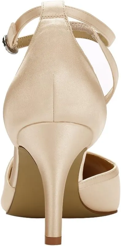 ERIJUNOR Women Comfortable Mid Heel Ankle Strappy Dress Pumps Pointed Toe Satin Wedding Evening Party Shoes