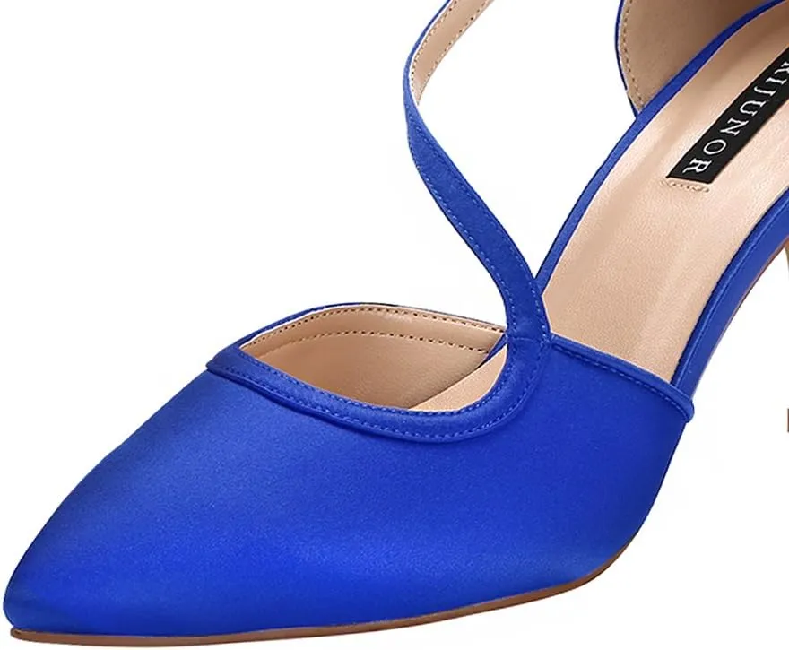 ERIJUNOR Women Comfortable Mid Heel Ankle Strappy Dress Pumps Pointed Toe Satin Wedding Evening Party Shoes