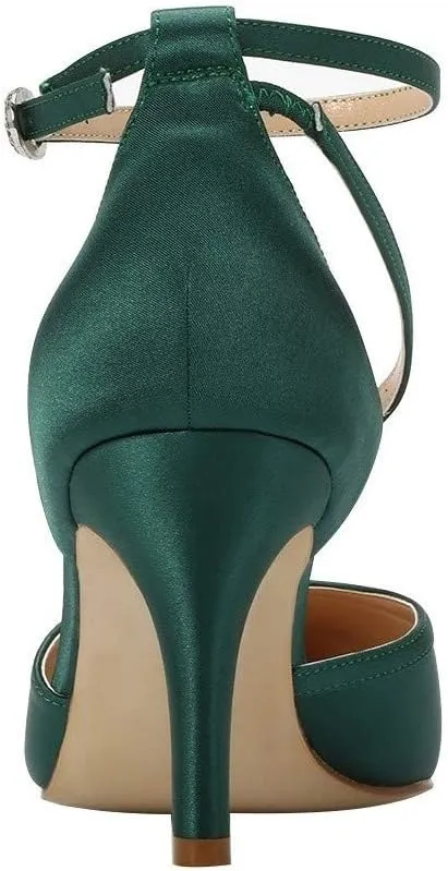 ERIJUNOR Women Comfortable Mid Heel Ankle Strappy Dress Pumps Pointed Toe Satin Wedding Evening Party Shoes