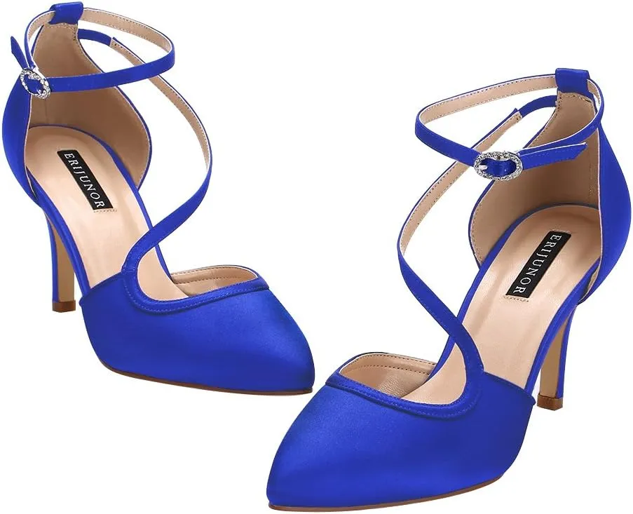 ERIJUNOR Women Comfortable Mid Heel Ankle Strappy Dress Pumps Pointed Toe Satin Wedding Evening Party Shoes