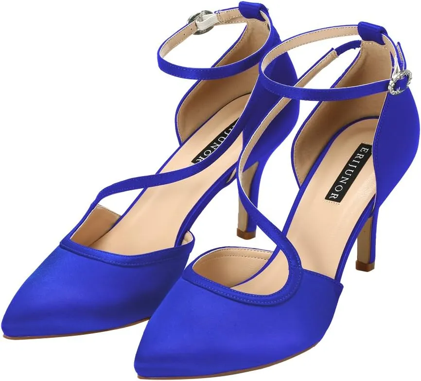 ERIJUNOR Women Comfortable Mid Heel Ankle Strappy Dress Pumps Pointed Toe Satin Wedding Evening Party Shoes