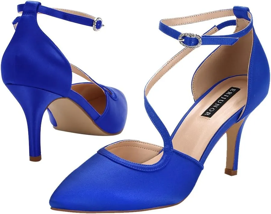 ERIJUNOR Women Comfortable Mid Heel Ankle Strappy Dress Pumps Pointed Toe Satin Wedding Evening Party Shoes