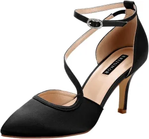 ERIJUNOR Women Comfortable Mid Heel Ankle Strappy Dress Pumps Pointed Toe Satin Wedding Evening Party Shoes