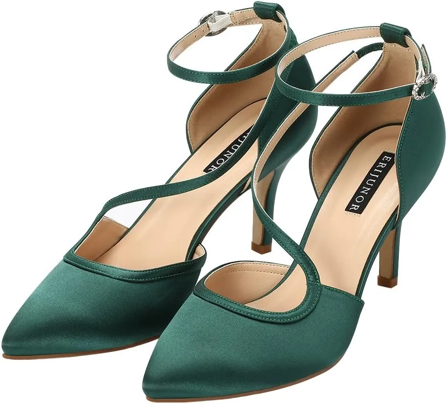 ERIJUNOR Women Comfortable Mid Heel Ankle Strappy Dress Pumps Pointed Toe Satin Wedding Evening Party Shoes