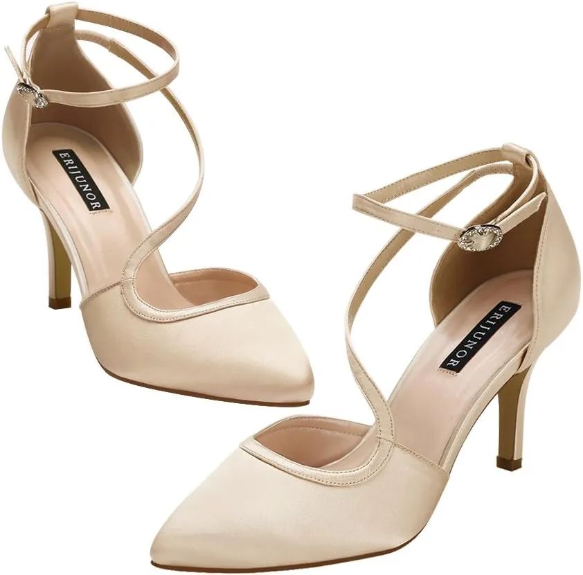ERIJUNOR Women Comfortable Mid Heel Ankle Strappy Dress Pumps Pointed Toe Satin Wedding Evening Party Shoes