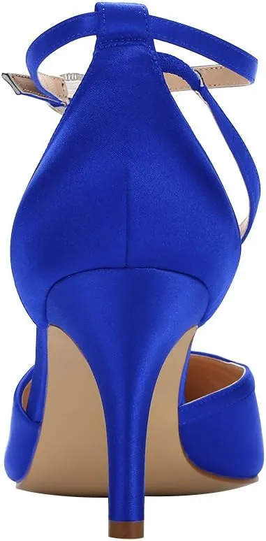 ERIJUNOR Women Comfortable Mid Heel Ankle Strappy Dress Pumps Pointed Toe Satin Wedding Evening Party Shoes