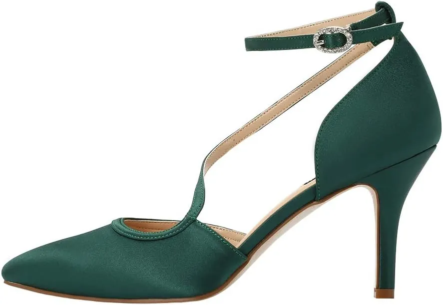 ERIJUNOR Women Comfortable Mid Heel Ankle Strappy Dress Pumps Pointed Toe Satin Wedding Evening Party Shoes