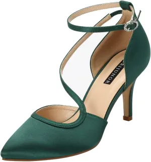 ERIJUNOR Women Comfortable Mid Heel Ankle Strappy Dress Pumps Pointed Toe Satin Wedding Evening Party Shoes