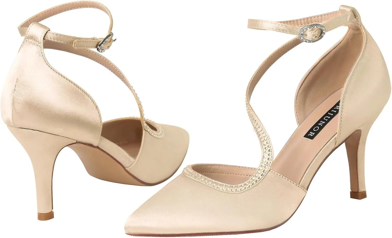 ERIJUNOR Women Comfortable Mid Heel Ankle Strappy Dress Pumps Pointed Toe Satin Wedding Evening Party Shoes