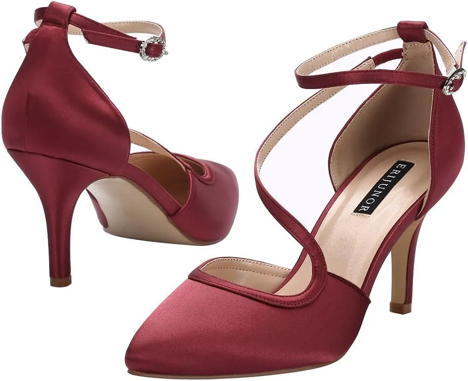 ERIJUNOR Women Comfortable Mid Heel Ankle Strappy Dress Pumps Pointed Toe Satin Wedding Evening Party Shoes