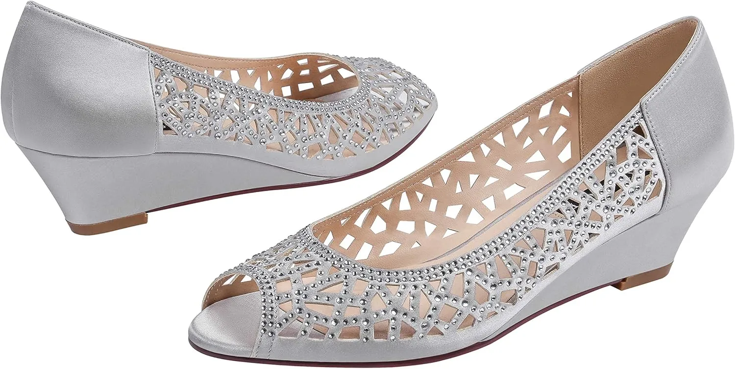 ERIJUNOR Women Peep Toe Pumps Middel Heel Wedges Sparkle Rhinestone Wedding Bridal Shoes