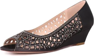 ERIJUNOR Women Peep Toe Pumps Middel Heel Wedges Sparkle Rhinestone Wedding Bridal Shoes