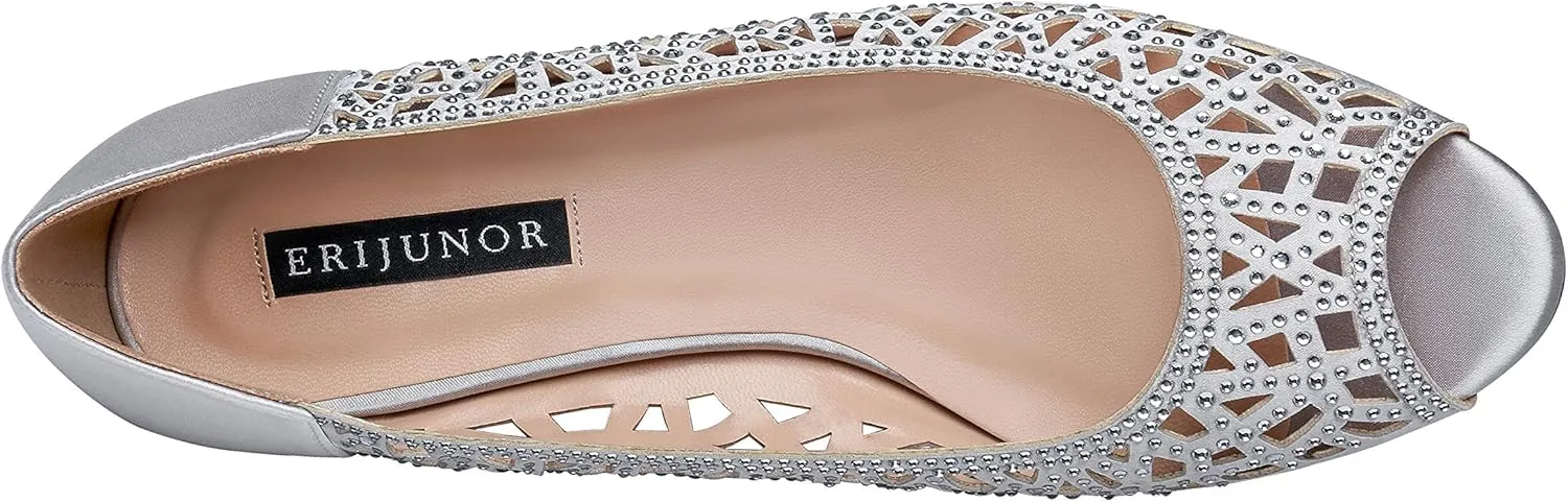 ERIJUNOR Women Peep Toe Pumps Middel Heel Wedges Sparkle Rhinestone Wedding Bridal Shoes