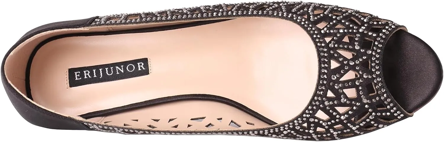 ERIJUNOR Women Peep Toe Pumps Middel Heel Wedges Sparkle Rhinestone Wedding Bridal Shoes