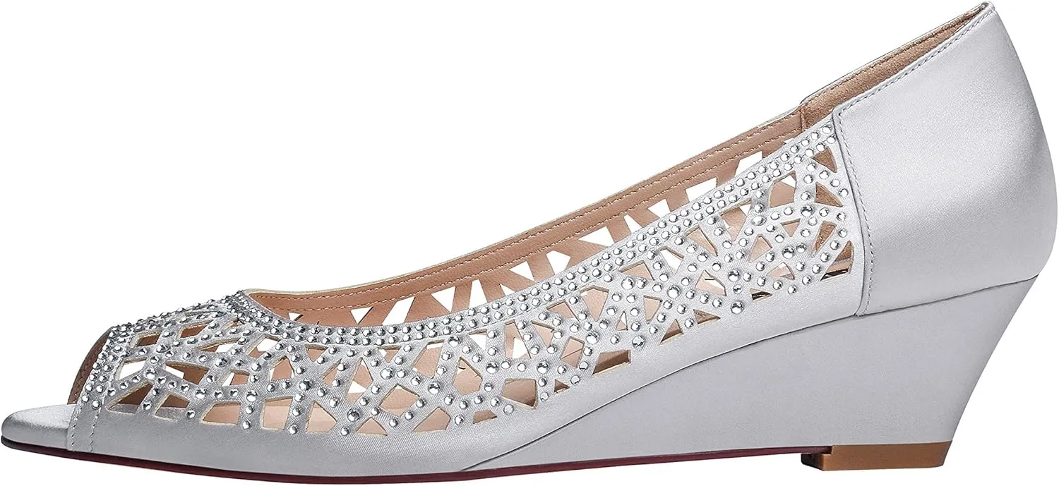 ERIJUNOR Women Peep Toe Pumps Middel Heel Wedges Sparkle Rhinestone Wedding Bridal Shoes