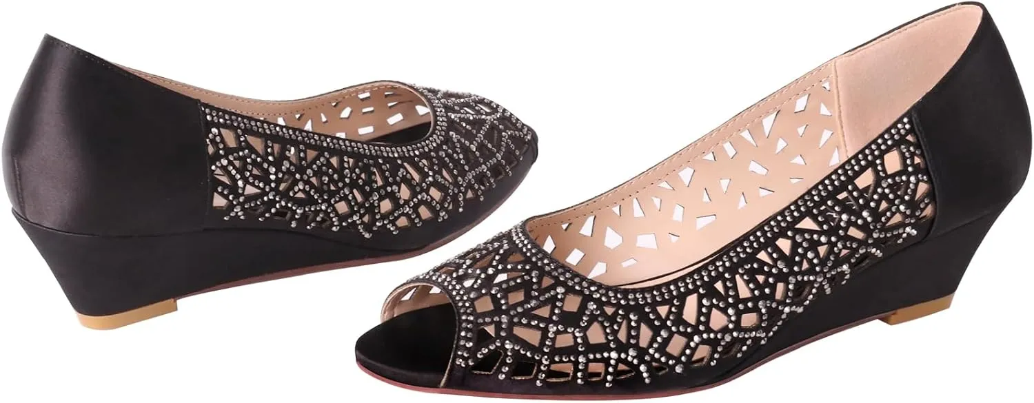 ERIJUNOR Women Peep Toe Pumps Middel Heel Wedges Sparkle Rhinestone Wedding Bridal Shoes