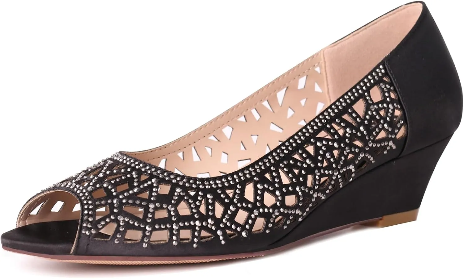 ERIJUNOR Women Peep Toe Pumps Middel Heel Wedges Sparkle Rhinestone Wedding Bridal Shoes