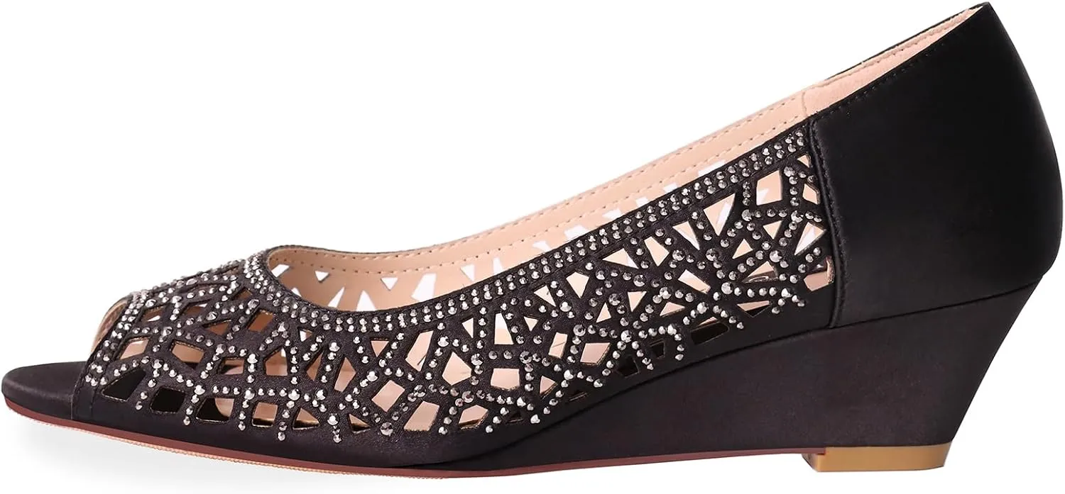 ERIJUNOR Women Peep Toe Pumps Middel Heel Wedges Sparkle Rhinestone Wedding Bridal Shoes
