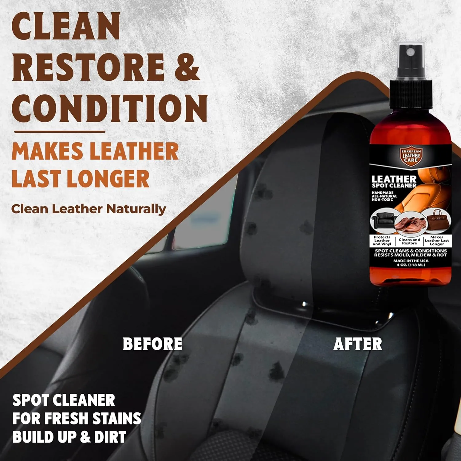 European Leather Care Leather Spot Cleaner 8 oz Car Leather Cleaner and Conditioner for Leather Couch Cleaner, Furniture, Car Seat, Shoes, Boots, Purse - Natural Ingredient Leather Shoe Cleaner USA