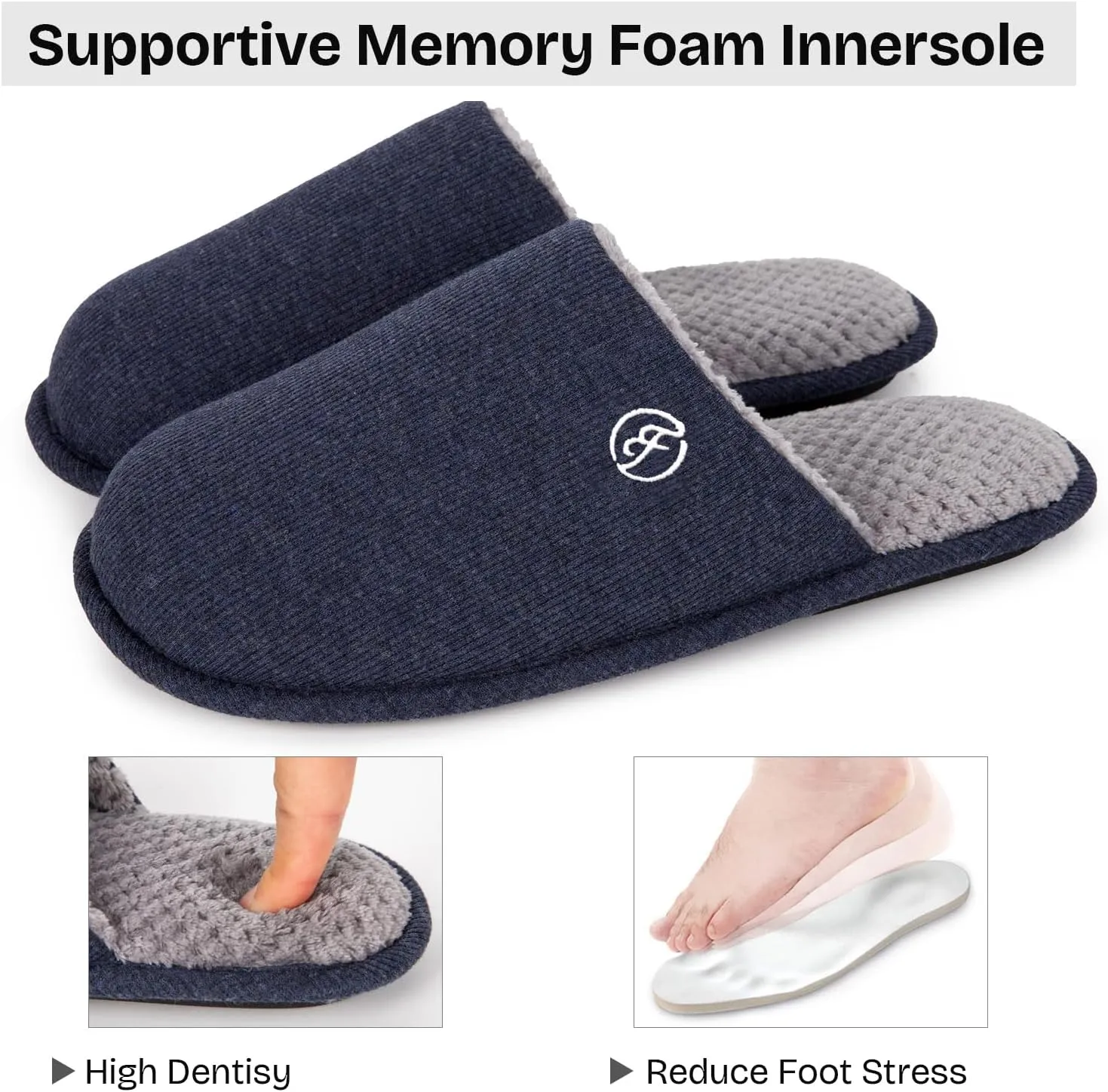 EverFoams Men's Cotton Knit Slippers Lightweight Memory Foam Indoor House Shoes with Anti-Skid Sole