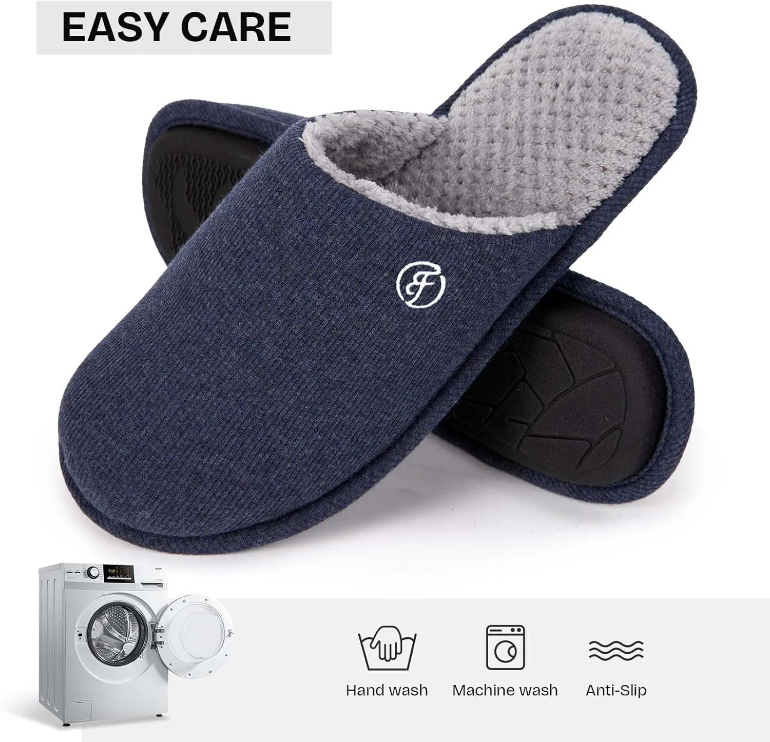 EverFoams Men's Cotton Knit Slippers Lightweight Memory Foam Indoor House Shoes with Anti-Skid Sole