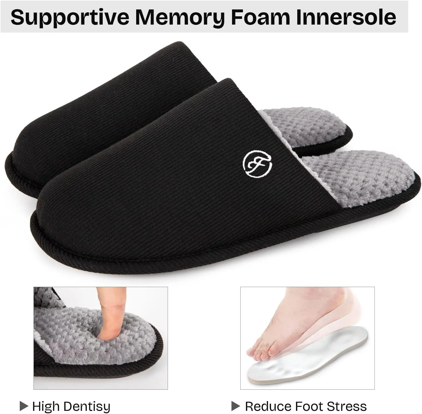 EverFoams Men's Cotton Knit Slippers Lightweight Memory Foam Indoor House Shoes with Anti-Skid Sole