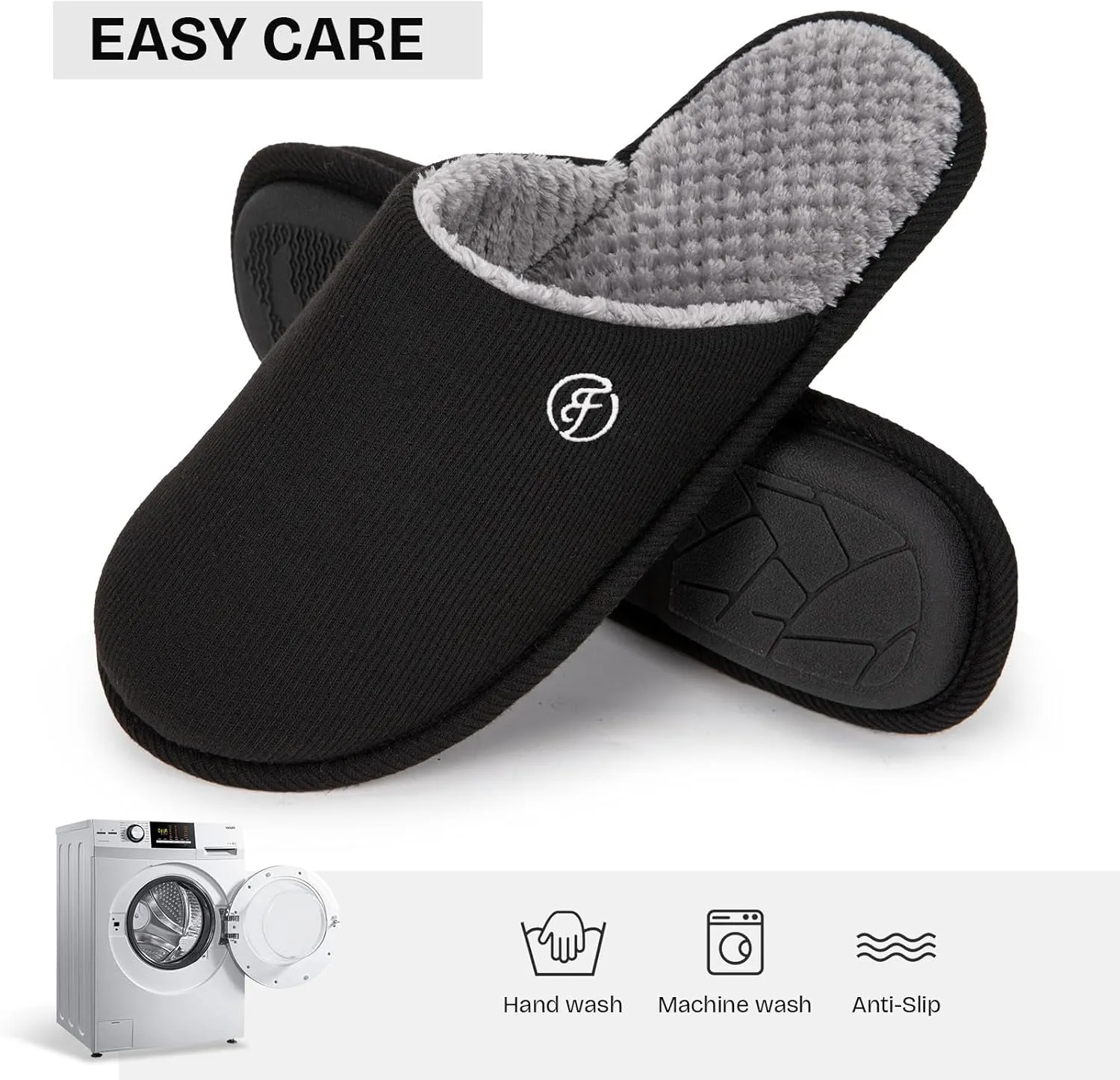 EverFoams Men's Cotton Knit Slippers Lightweight Memory Foam Indoor House Shoes with Anti-Skid Sole