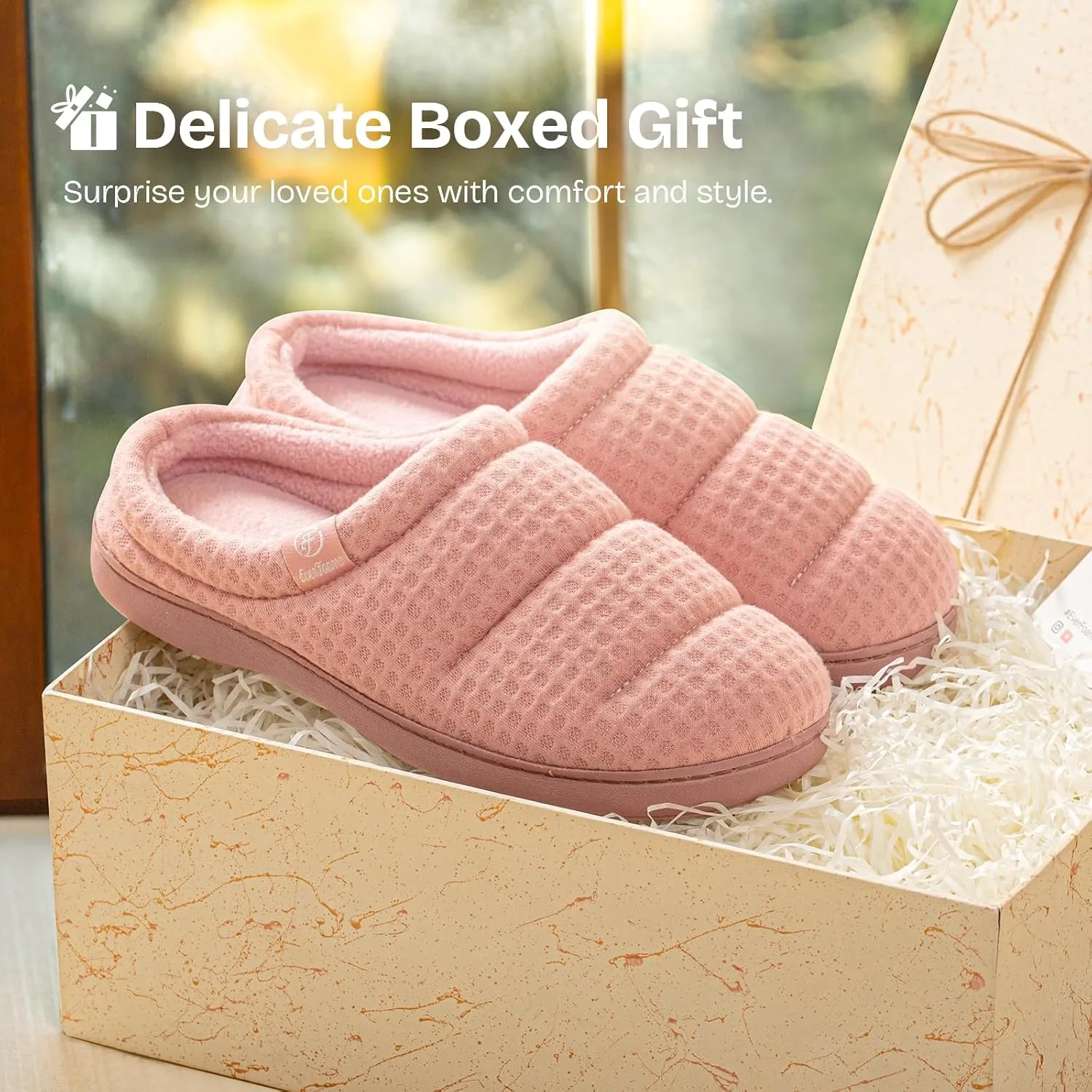 EverFoams Women's Cozy Waffle Slippers Soft Quilted Memory Foam Indoor House Shoes