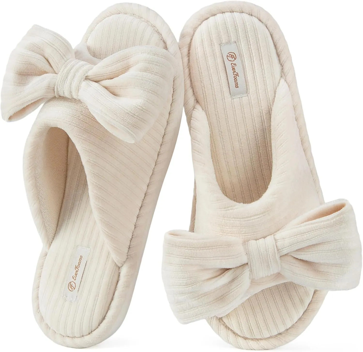 EverFoams Women's Open-Toe Bow Slippers with Memory Foam Indoor House Non-Slip Sole