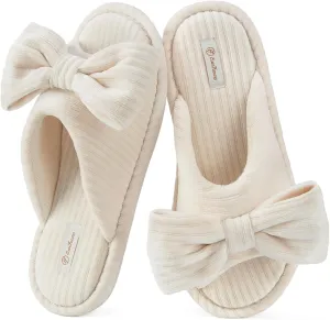 EverFoams Women's Open-Toe Bow Slippers with Memory Foam Indoor House Non-Slip Sole