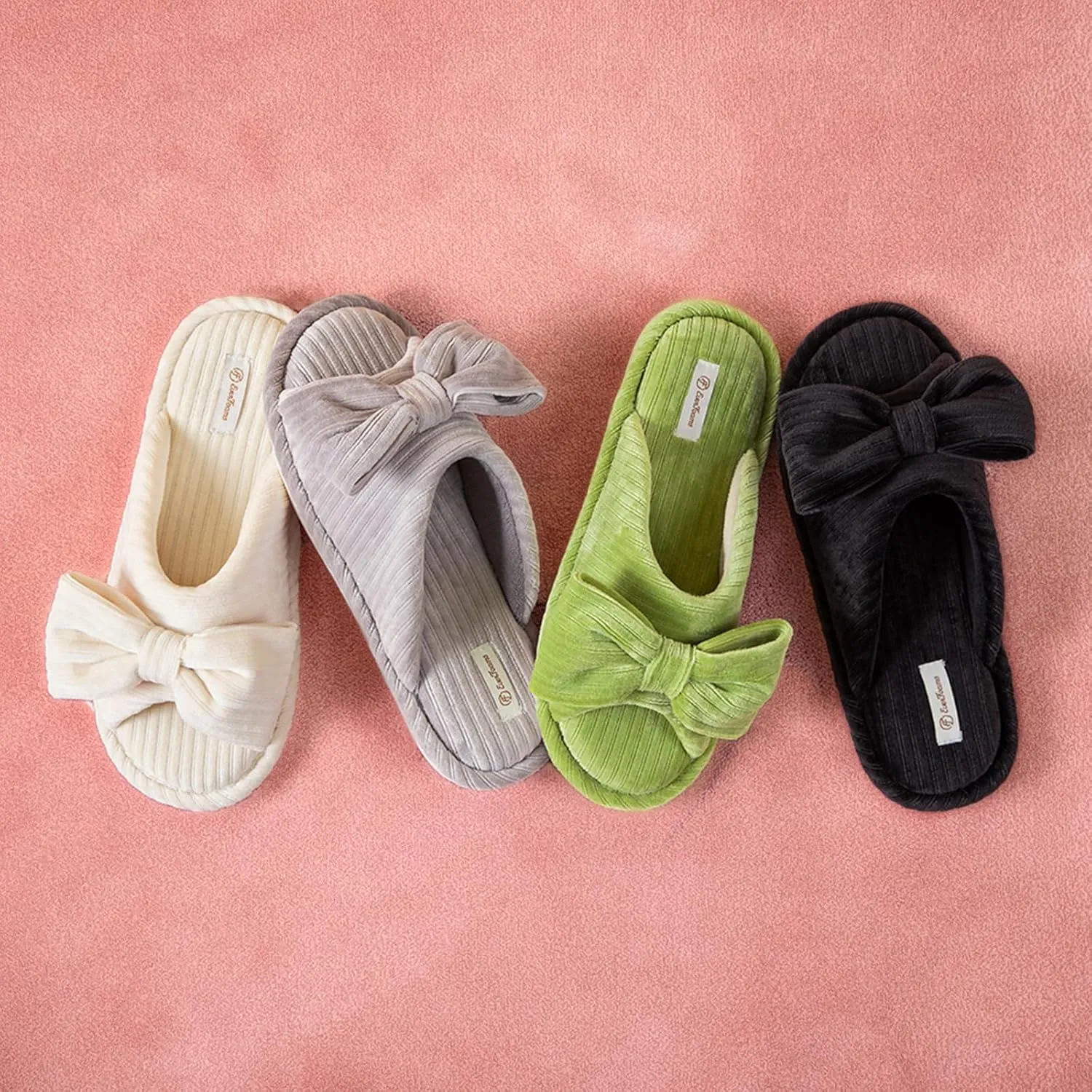 EverFoams Women's Open-Toe Bow Slippers with Memory Foam Indoor House Non-Slip Sole