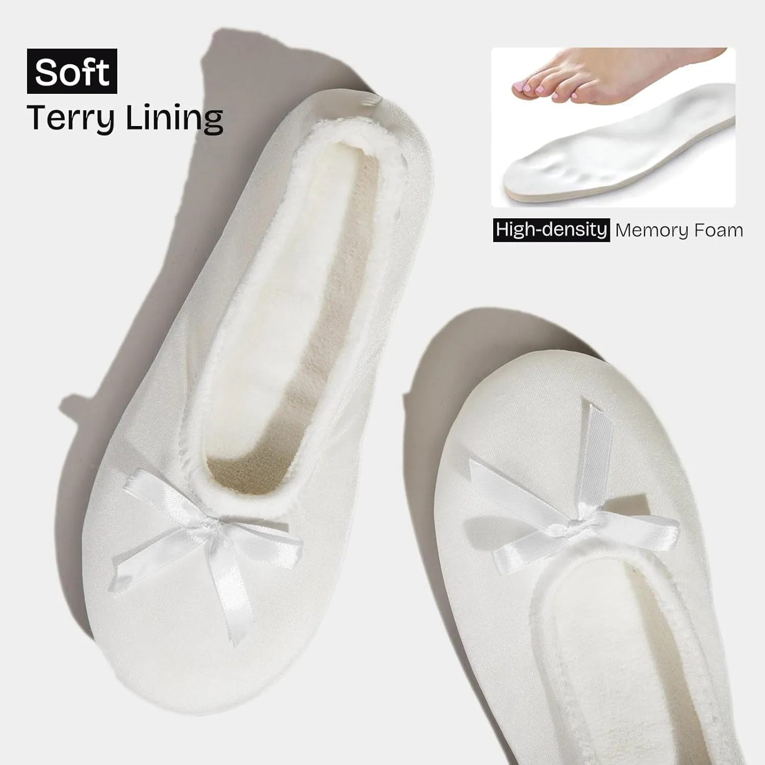 EverFoams Women's Satin Memory Foam Ballerina Slippers Cute House Shoes with Indoor Rubber Sole