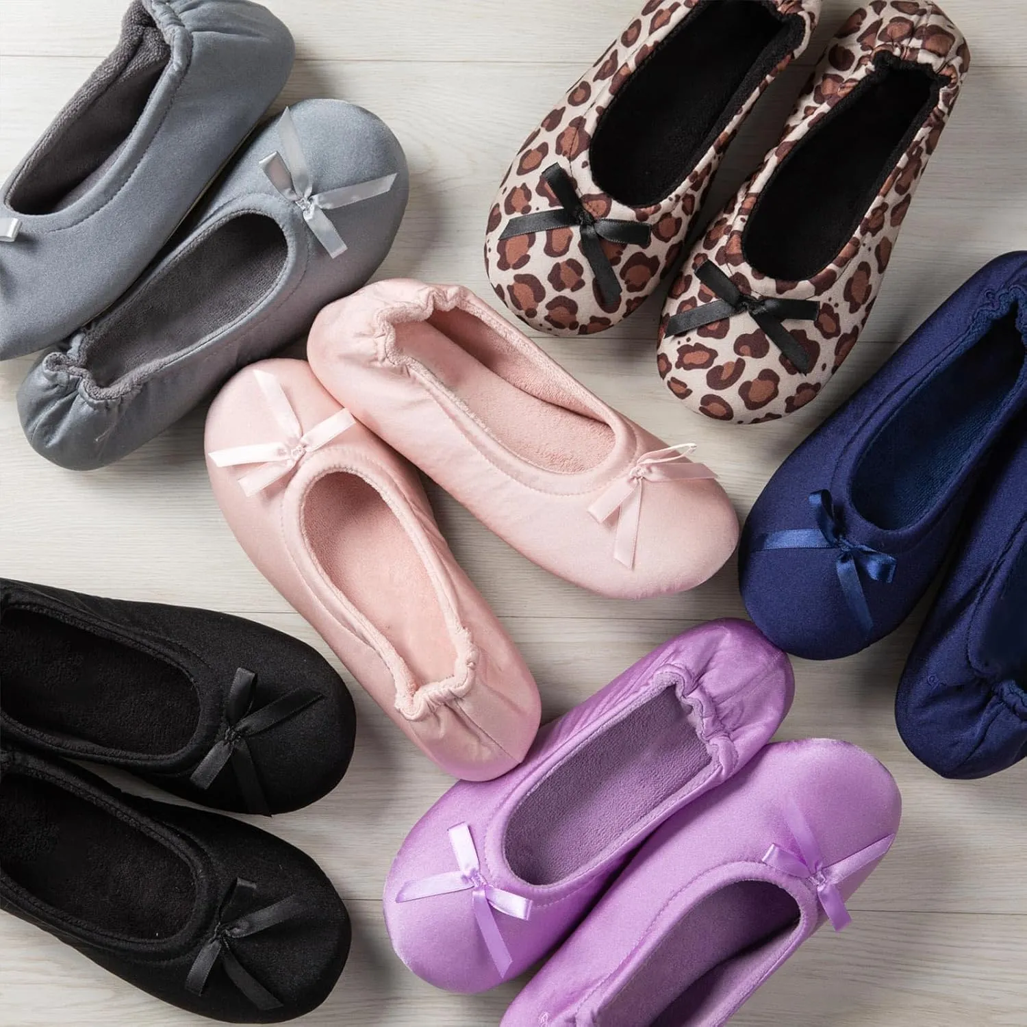 EverFoams Women's Satin Memory Foam Ballerina Slippers Cute House Shoes with Indoor Rubber Sole