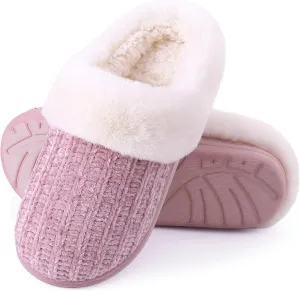 Evshine Warm Knit House Slippers for Women Comfy Wool-Like Lined Chenille Slippers with Memory Foam and Indoor Outdoor Soles
