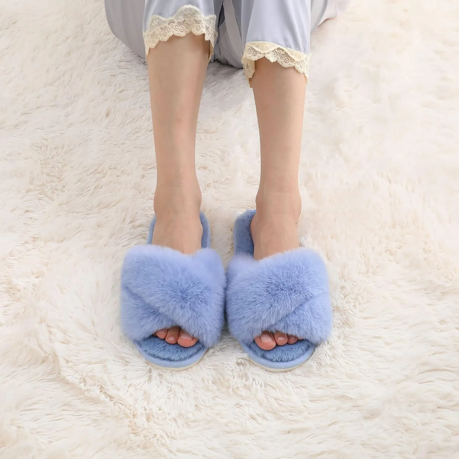 Evshine Women's Fuzzy Slippers Cross Band Memory Foam House Slippers Open Toe