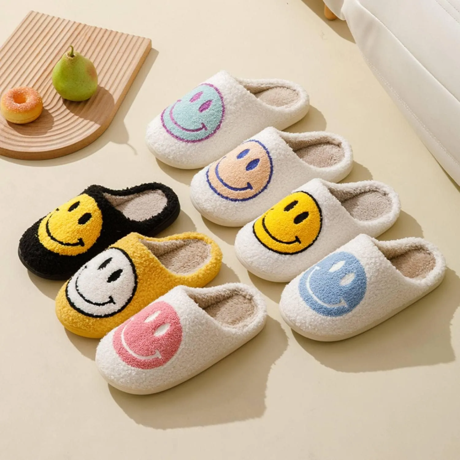 FACAXEDRE Smile Face Slippers for Women - Indoor Outdoor Retro Happy House Slides, Soft Fluffy Cushion Furry Shoes