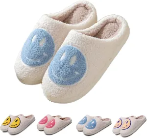 FACAXEDRE Smile Face Slippers for Women - Indoor Outdoor Retro Happy House Slides, Soft Fluffy Cushion Furry Shoes