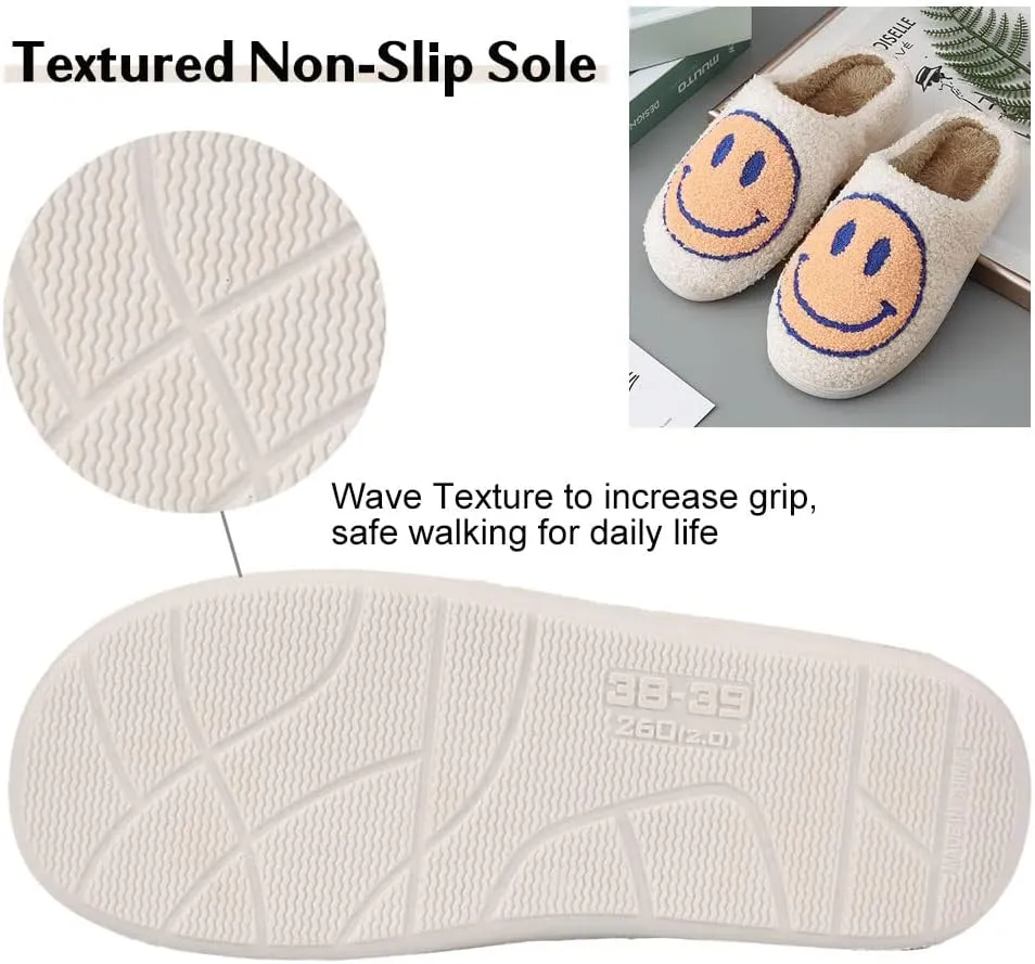 FACAXEDRE Smile Face Slippers for Women - Indoor Outdoor Retro Happy House Slides, Soft Fluffy Cushion Furry Shoes