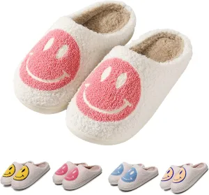 FACAXEDRE Smile Face Slippers for Women - Indoor Outdoor Retro Happy House Slides, Soft Fluffy Cushion Furry Shoes