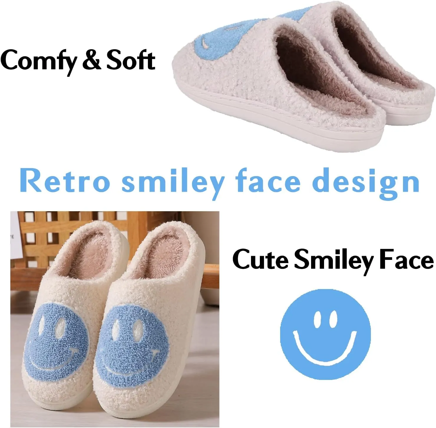 FACAXEDRE Smile Face Slippers for Women - Indoor Outdoor Retro Happy House Slides, Soft Fluffy Cushion Furry Shoes