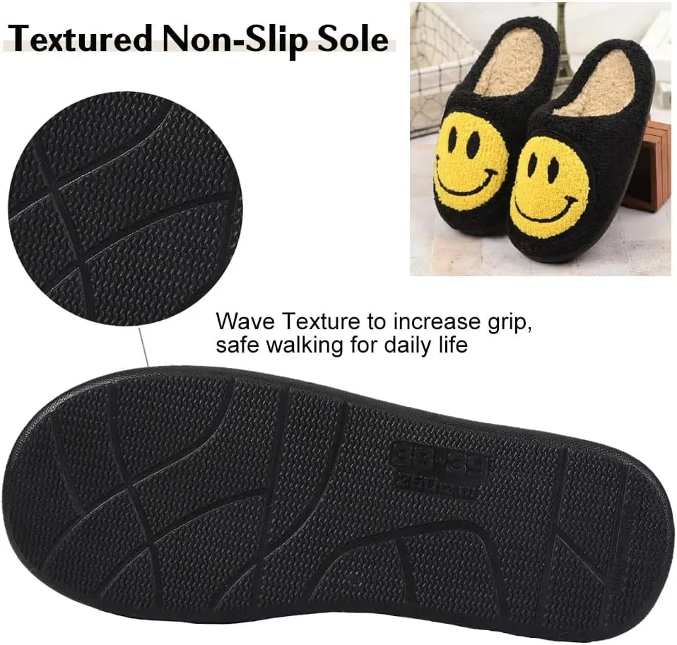 FACAXEDRE Smile Face Slippers for Women - Indoor Outdoor Retro Happy House Slides, Soft Fluffy Cushion Furry Shoes