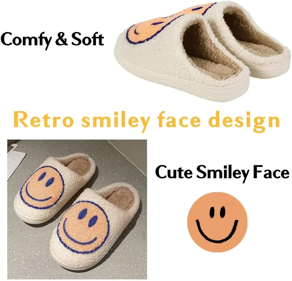 FACAXEDRE Smile Face Slippers for Women - Indoor Outdoor Retro Happy House Slides, Soft Fluffy Cushion Furry Shoes