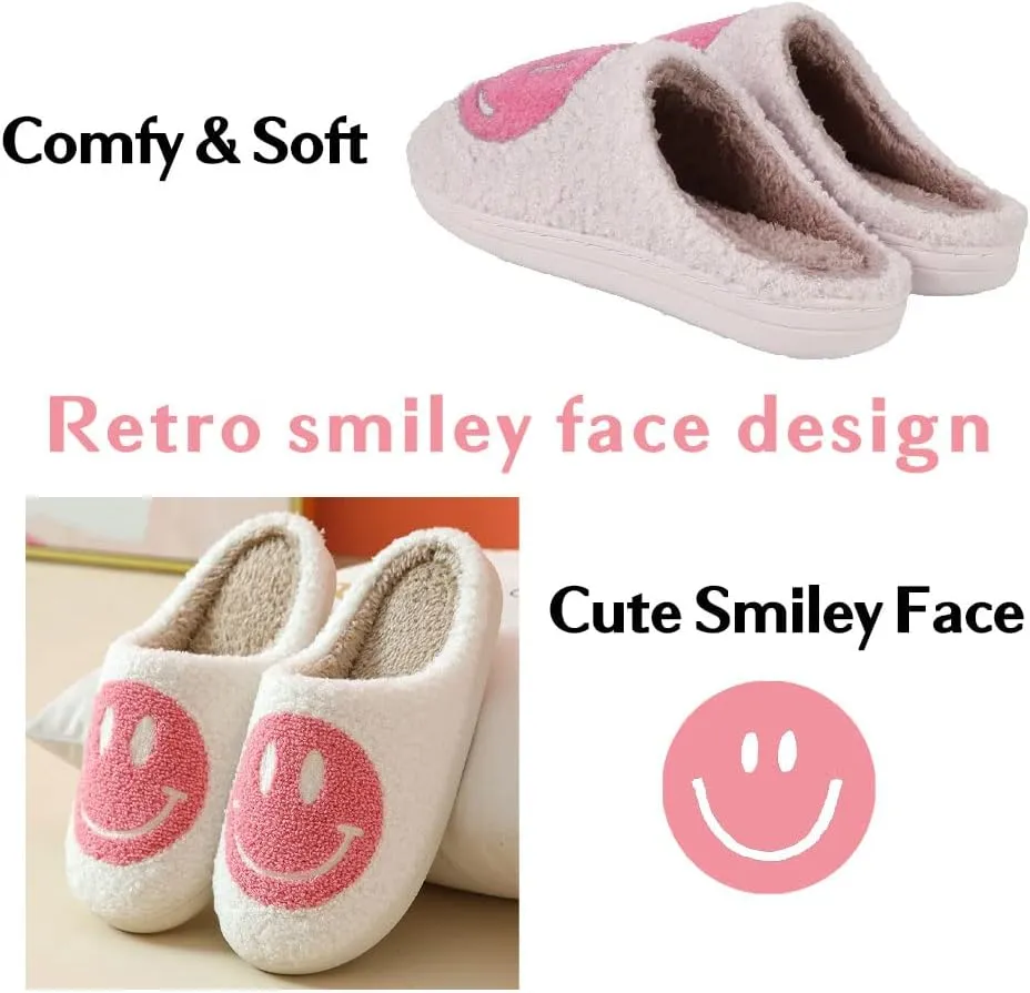 FACAXEDRE Smile Face Slippers for Women - Indoor Outdoor Retro Happy House Slides, Soft Fluffy Cushion Furry Shoes