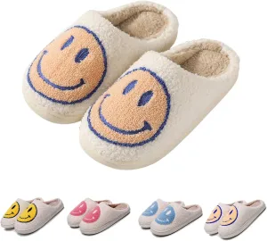 FACAXEDRE Smile Face Slippers for Women - Indoor Outdoor Retro Happy House Slides, Soft Fluffy Cushion Furry Shoes